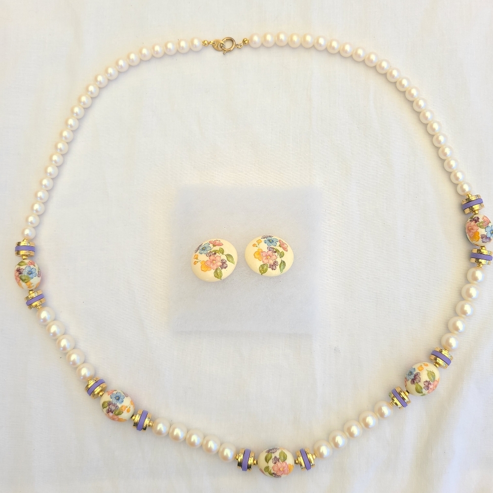 Vintage Japan Signed Faux Pearl & Floral Ceramic Bead Necklace & Pierced Earring